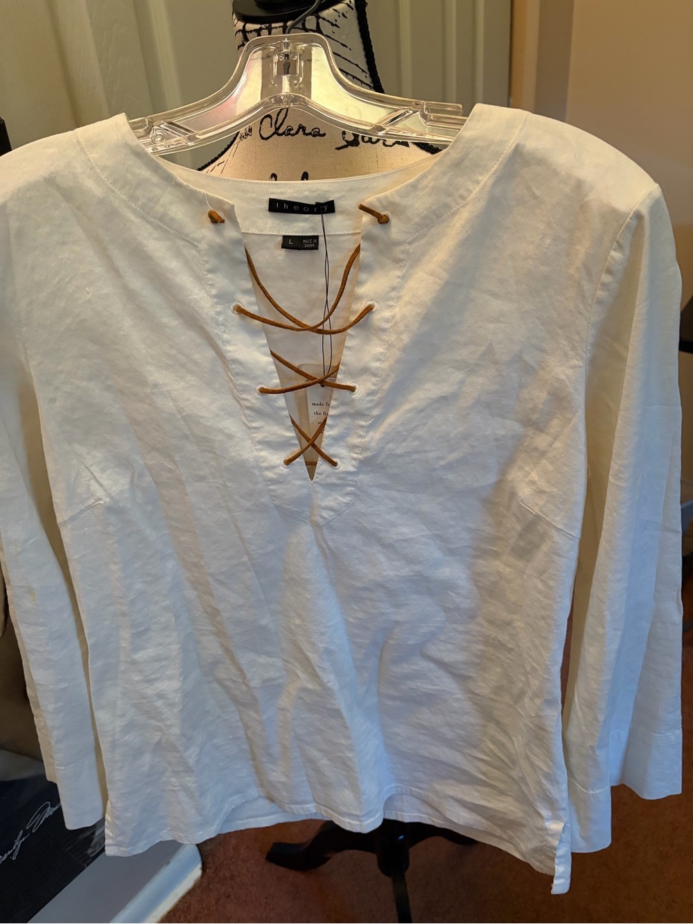 Theory Beige Long Sleeve Lace-Up Top with Tan Cord Detail L
